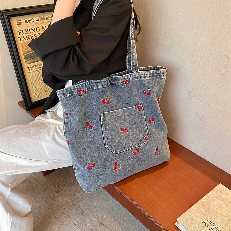 Korean version denim canvas tote bag for women 2024 new niche sweet style embroidered large capacity commuting shoulder bag for women