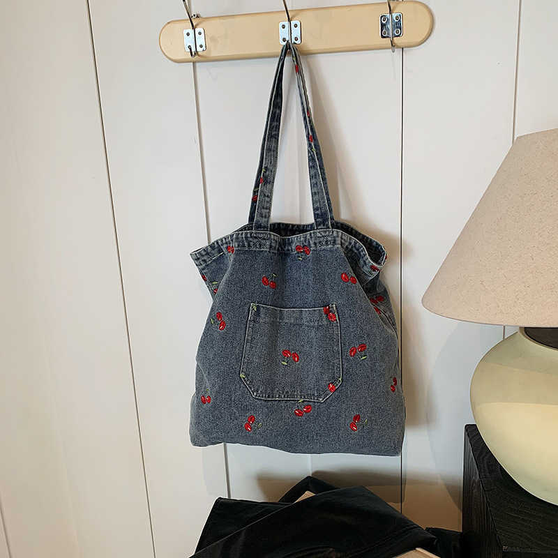 Korean version denim canvas tote bag for women 2024 new niche sweet style embroidered large capacity commuting shoulder bag for women