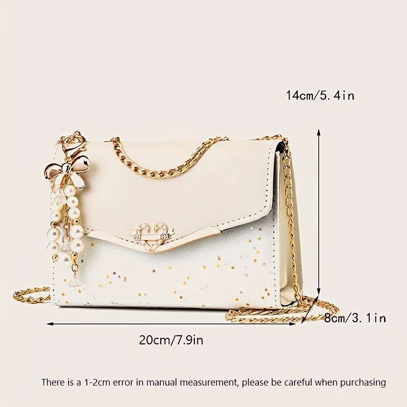 Fashion Polka Dot Beige PU Shoulder Bag Tassel Charm, Urban Themed Flap-Over Crossbody with Buckle Closure and Metal Chain Strap, Lightweight Portable