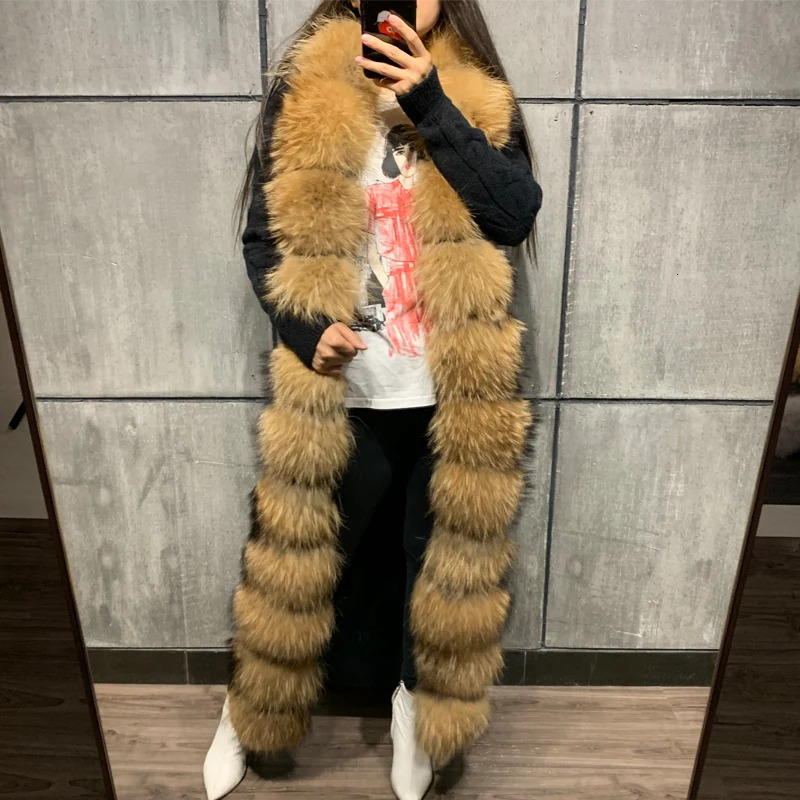 Women Real Fur Cardigan Sweater Natural Long 120125cm Length 241115