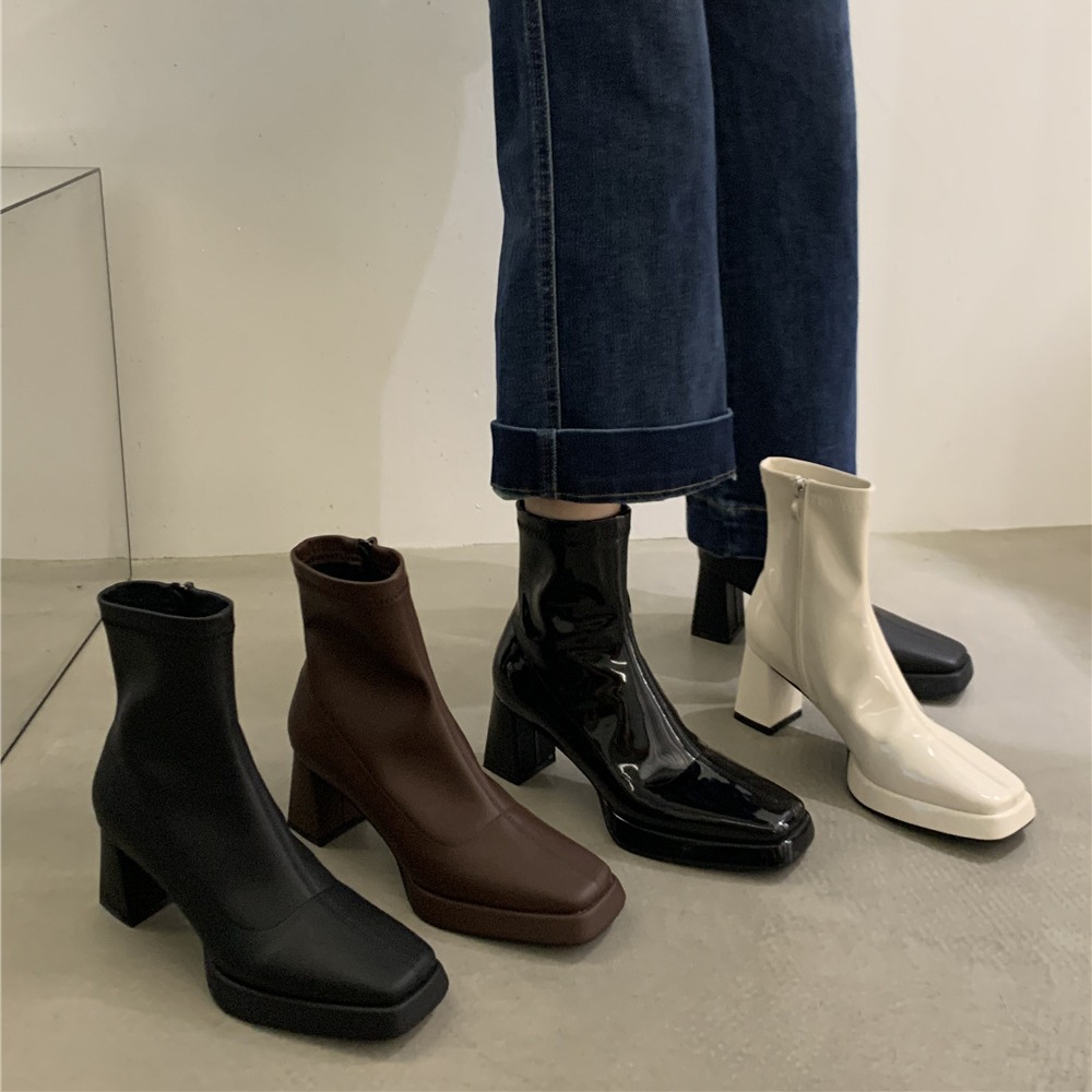French Square Toe Thick Heel Zipper Short Boots.