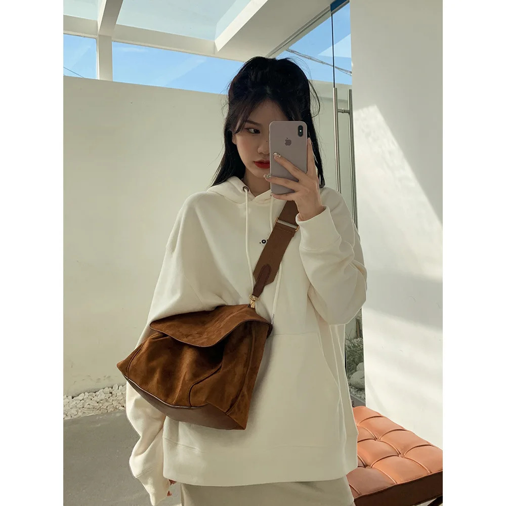 Nubuck PU Leather Flap Shoulder Bags For Vintage Wide Strap Crossbody Large Capacity Women Designer Handbags Tote Bag Check