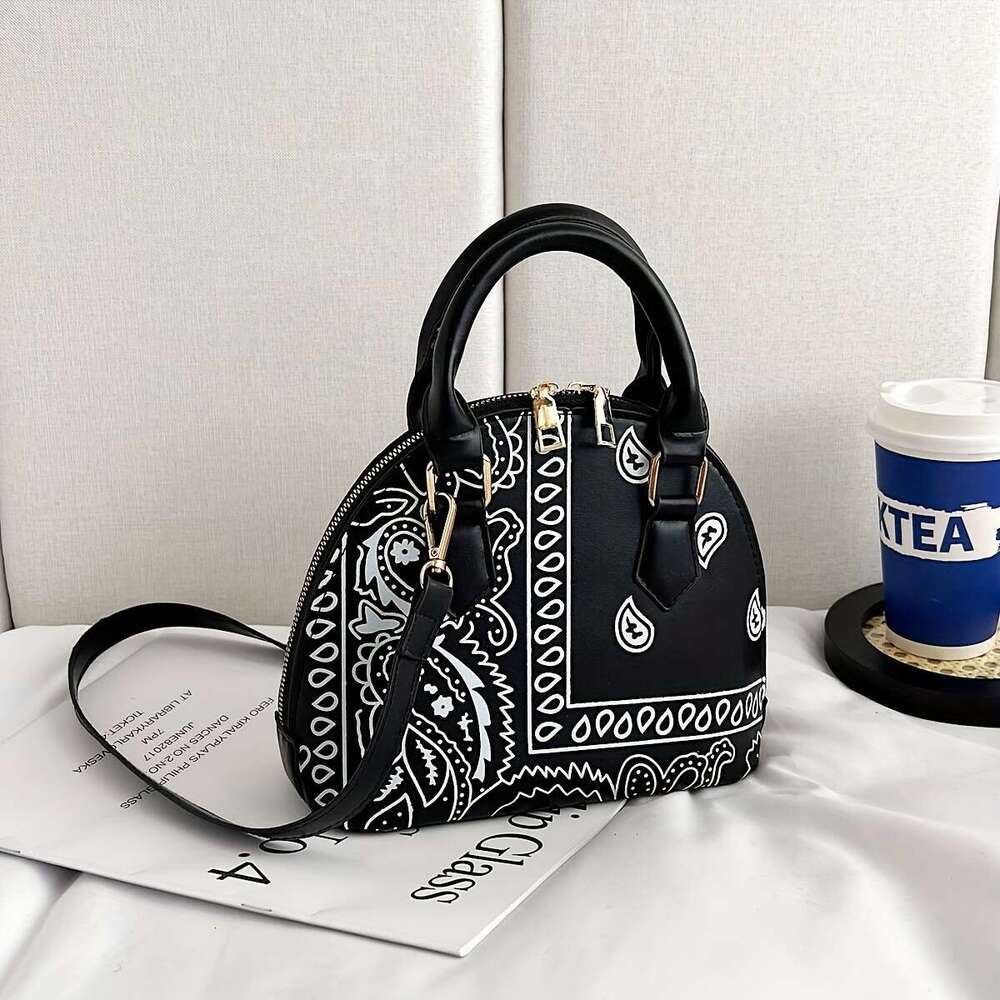 ral Print Versatile Dome Shoulder Bag, Portable Double Handle Stylish Handbag, Zipper Faux Leather Trendy Crossbody Bag