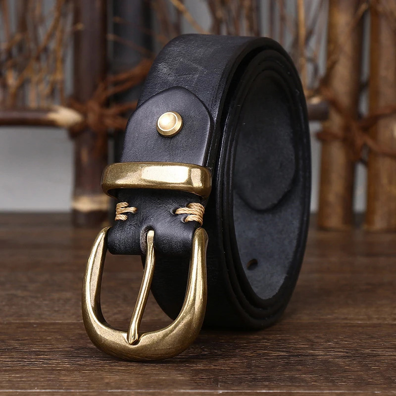Unisex 3.3cm mens and womens genuine leather retro womens copper buckle strap mens high-quality denim strap 241115