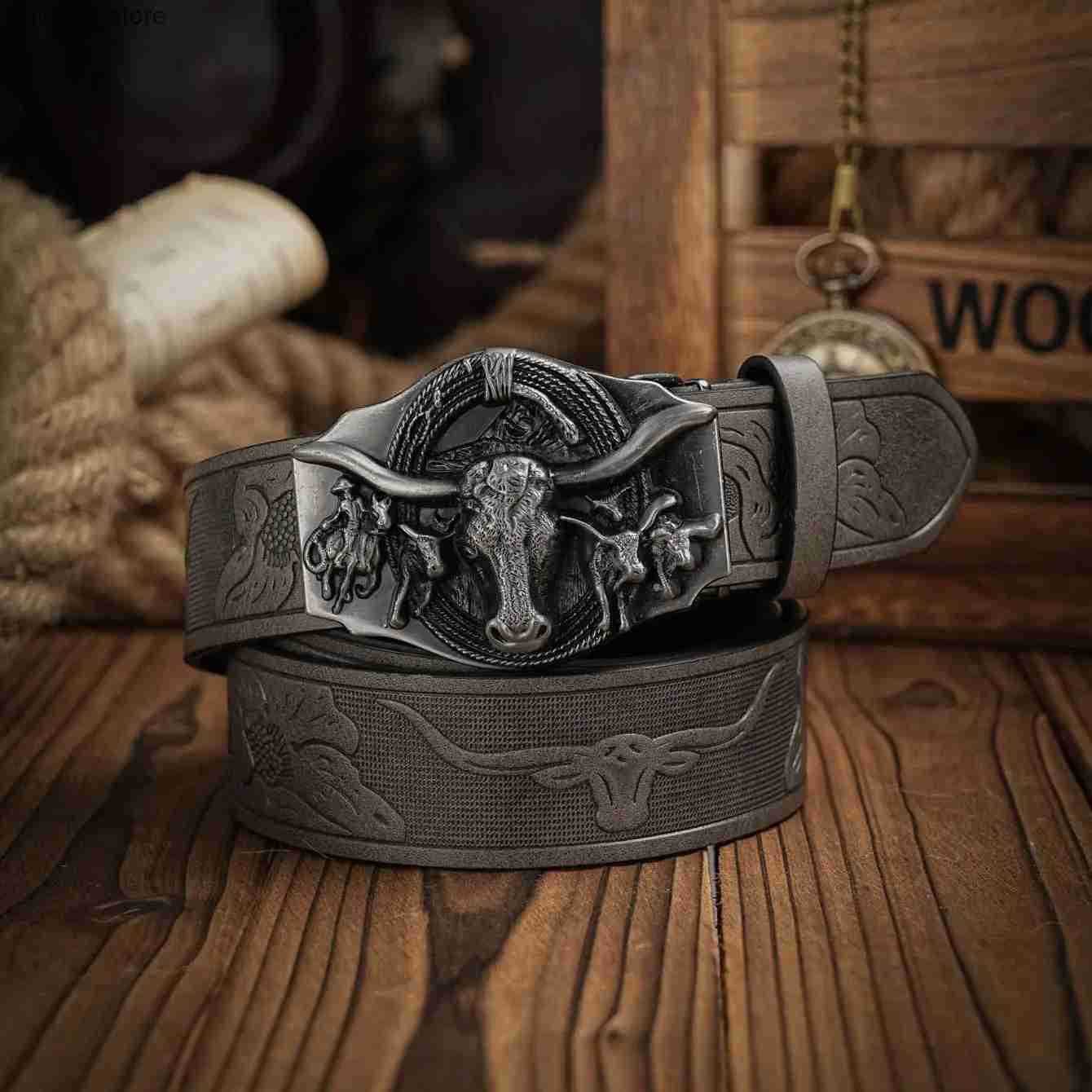 Belts Western Cowboy PU Leather Belt - Men Waist Strap Bull Decoration Floral Engraved for Jeans L240910