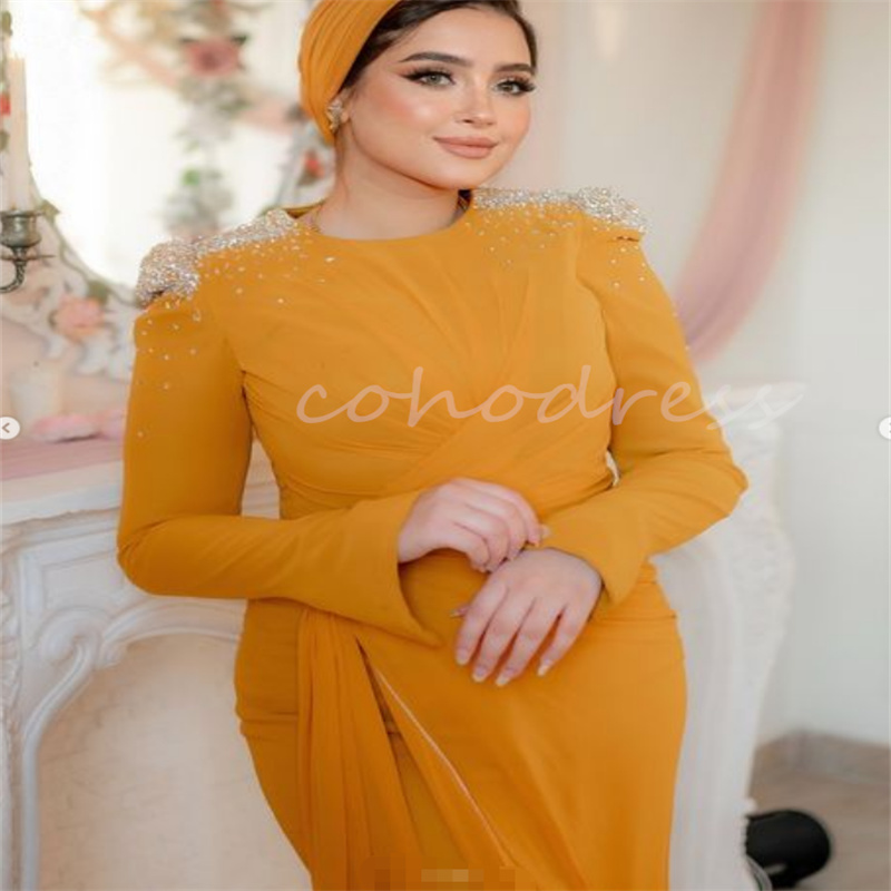 Fabulous Orange Arabic Evening Dress Elegant Mermaid Muslim Prom Dress Long Sleeve Kosovo Albanian Formal Party Gowns vestido de gala noche mujer 2025