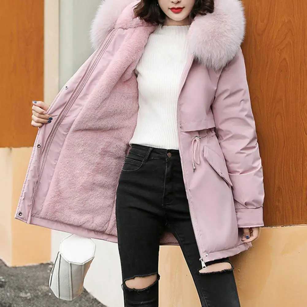 Fur Collar Hooded Parkas Slim Womens Cotton Jackets Korean Zipper New Winter Coats Warm Mid Length Quilted OuterwearC241115