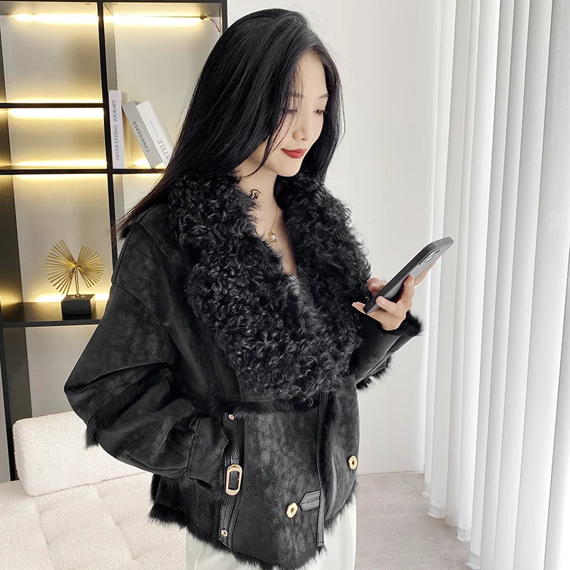 2023 Autumn And Winter Lamb Hair Collar Rex Rabbit Hair Grass Integrated Short Fashion Double breasted Real Leather Top Coat 241115