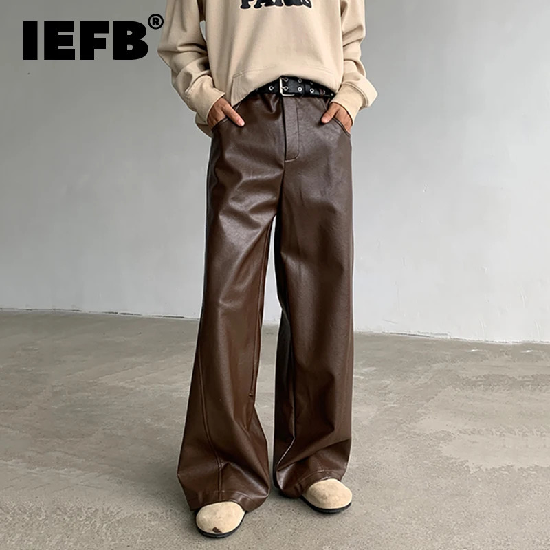 IEFB American style mens casual Pu leather solid color straight wide leg street Trouser personalized 9C8060 241115