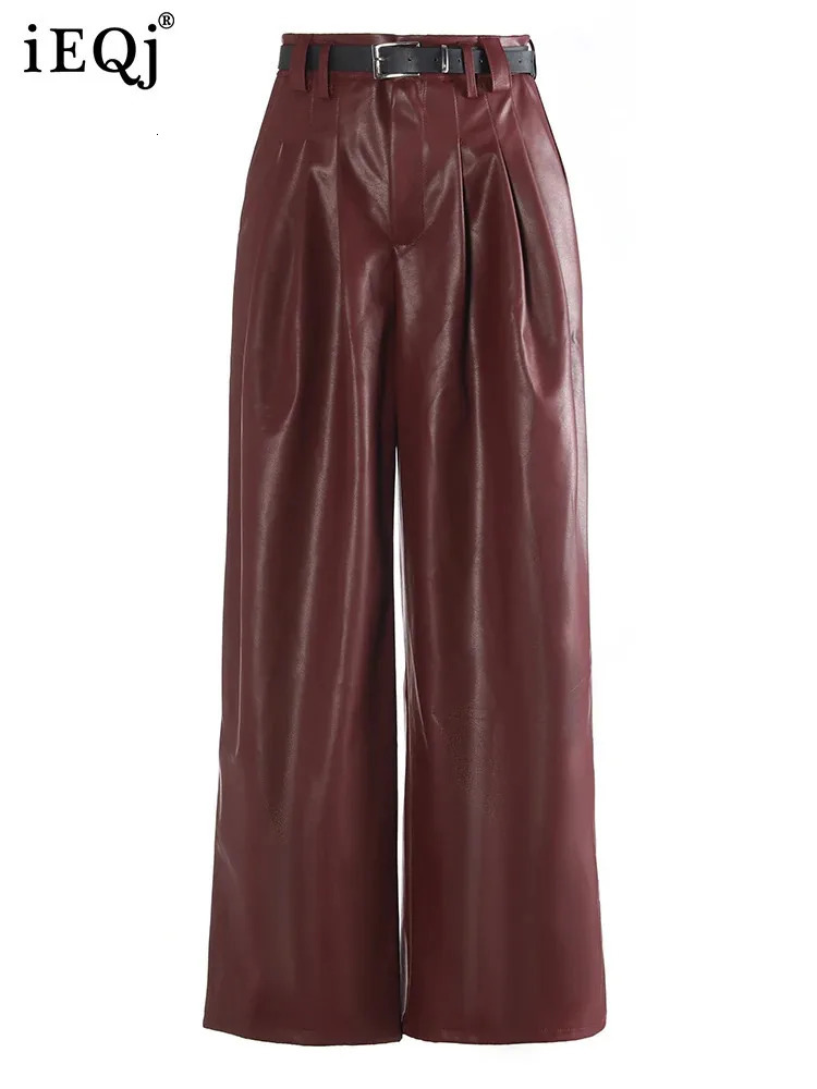 IEQJ High Street Pu Leather Straight Pants Womens Waist Medium Length Fashion Autumn Clothing 3WM2094 241115