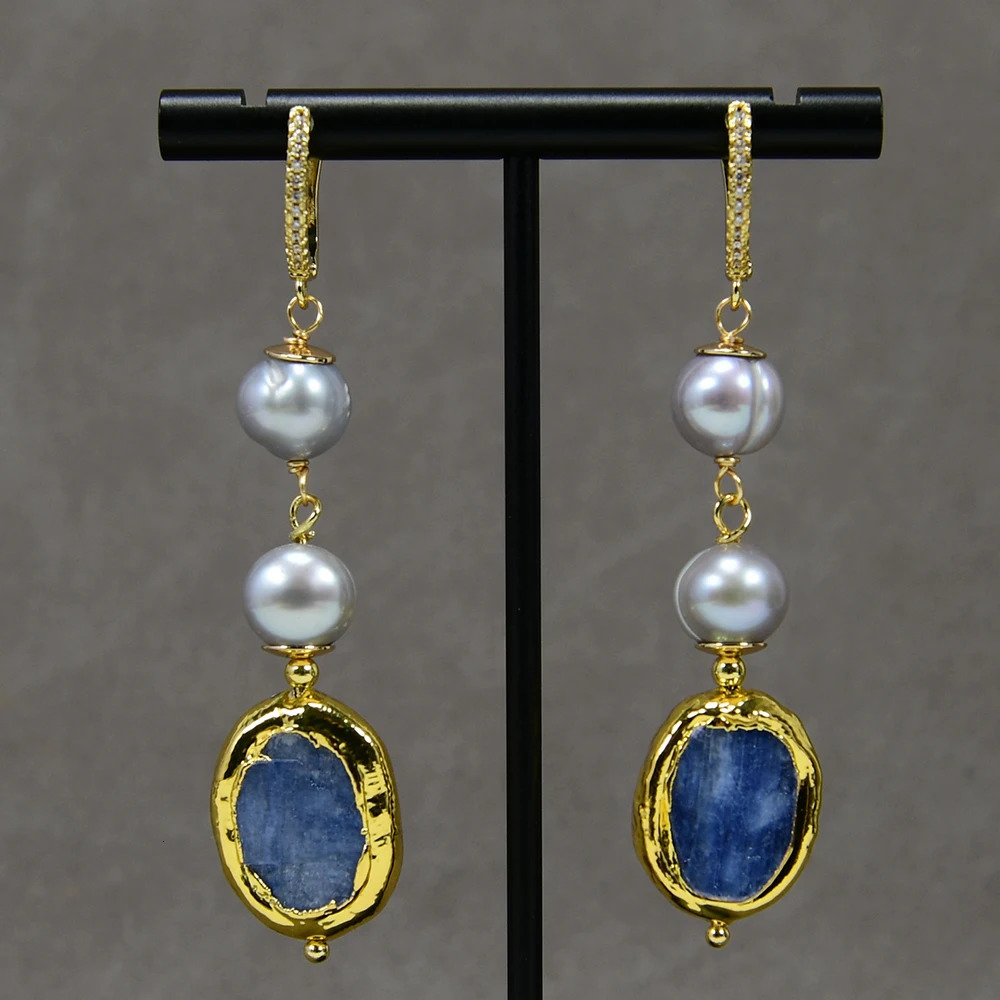 G-G Freshwater Culture Grey Potato Pearl Blue Sapphire Pendant Necklace Earring Set Simple Female Gift 241115