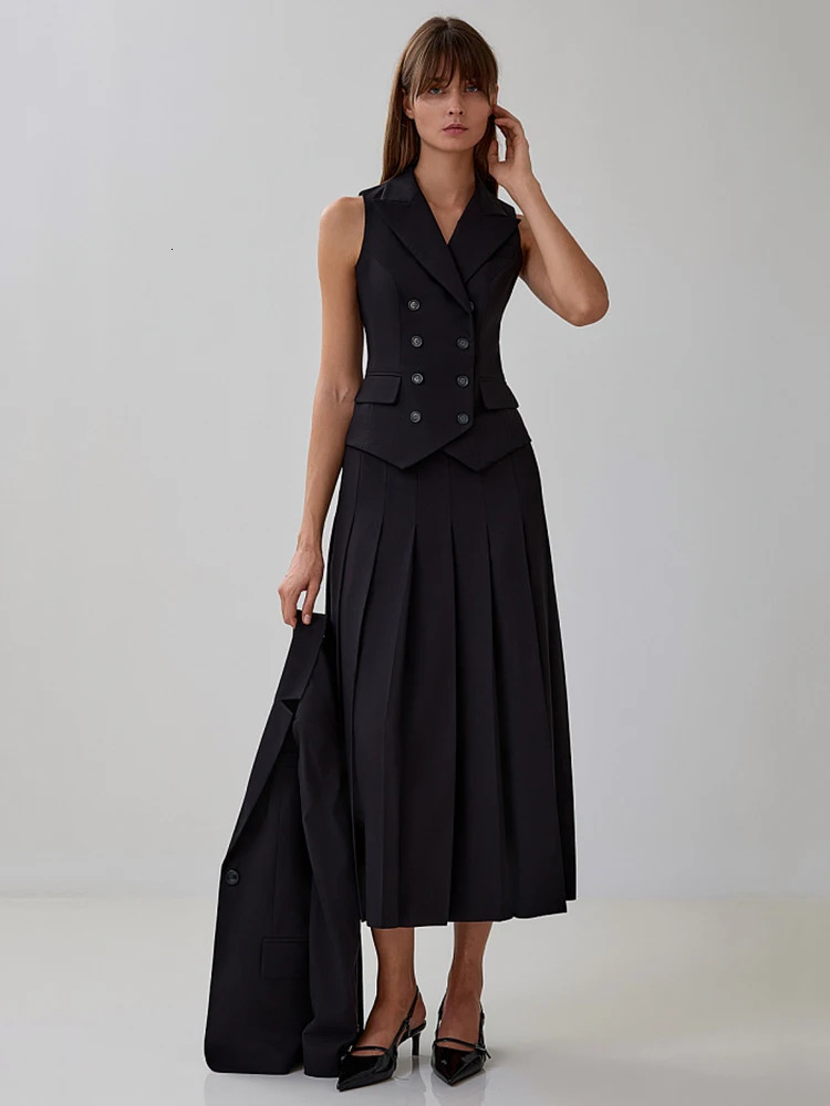 Mozision Autumn Two Piece Sets Women Double-breasted Vest And Split Skirt Matching Sets Fashion Long Pleated Skirt Two Piece Set 241114