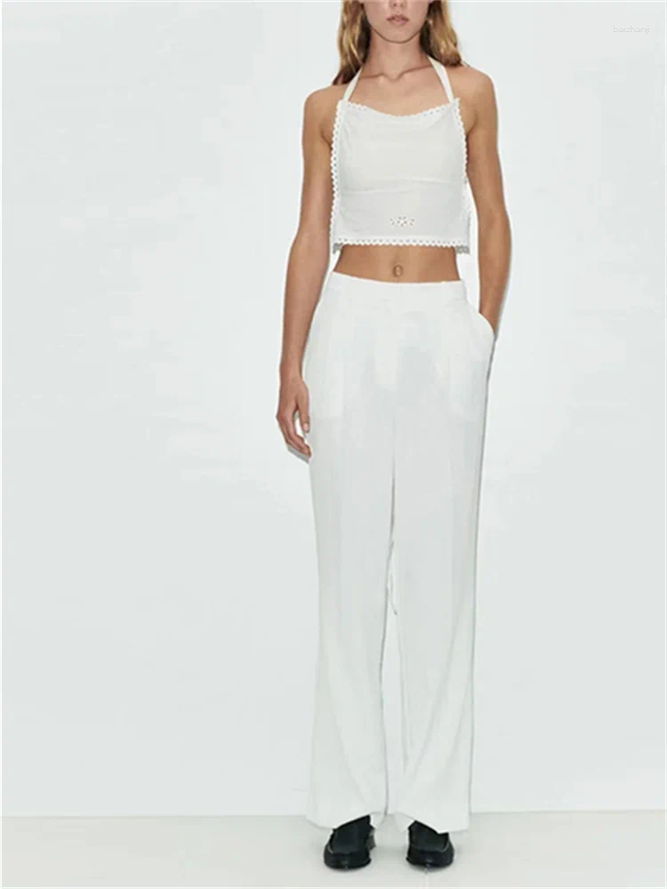 Womens Two Piece Pants Lady Flowers Hollow Out White Camisole Or Lace-Up Loose Waist Halterneck Sleeveless Tank Tops Set 2024 Summer