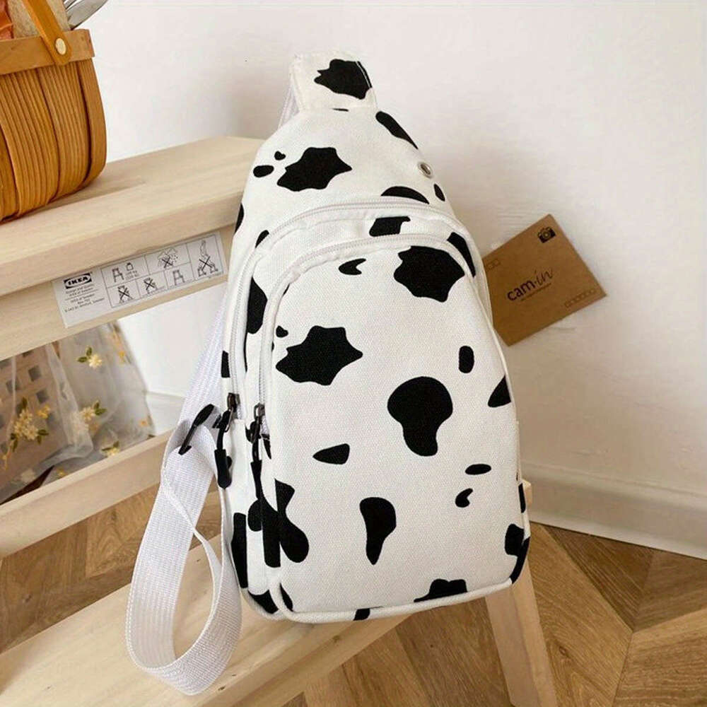 Chic Cow Print Canvas Sg Bag - Cute Cartoon Crossbody Chest Pack Women, Perfect for Outdoor Sports & Travel