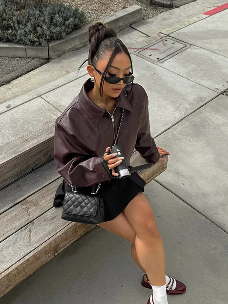 Women Fashion Solid Pu Leather Short Jacket Chic Lapel Long Sleeves Zipper Crop Coats Autumn Elegant Lady Commuting Street Tops 241115