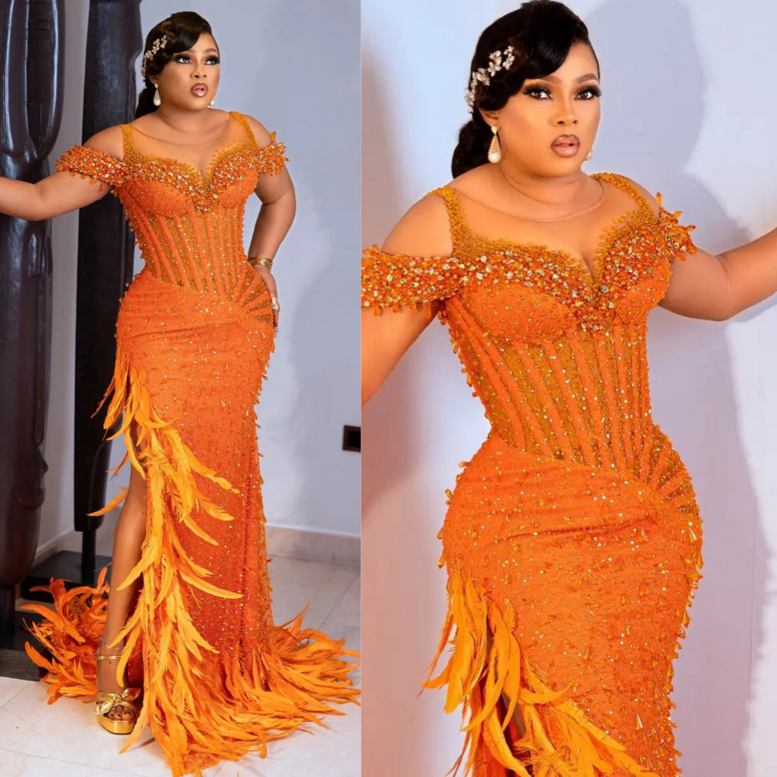 2024 Plus Size Orange Prom Dresses for Black Women Illusion Mermaid Formal Gowns Sheer Neck Side Split Feathered Beaded Crystals Decorated Reception D