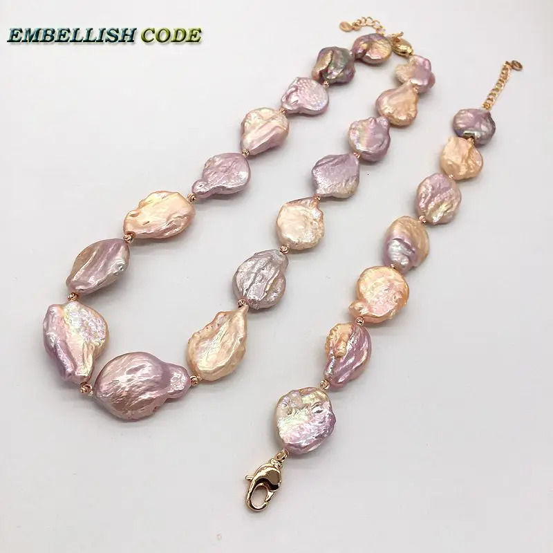 Special Rainbow Baroque Pearl Declaration Necklace Bracelet Hook Earring Set Rose Gold Plated Peach Colored Flat Coin 241115