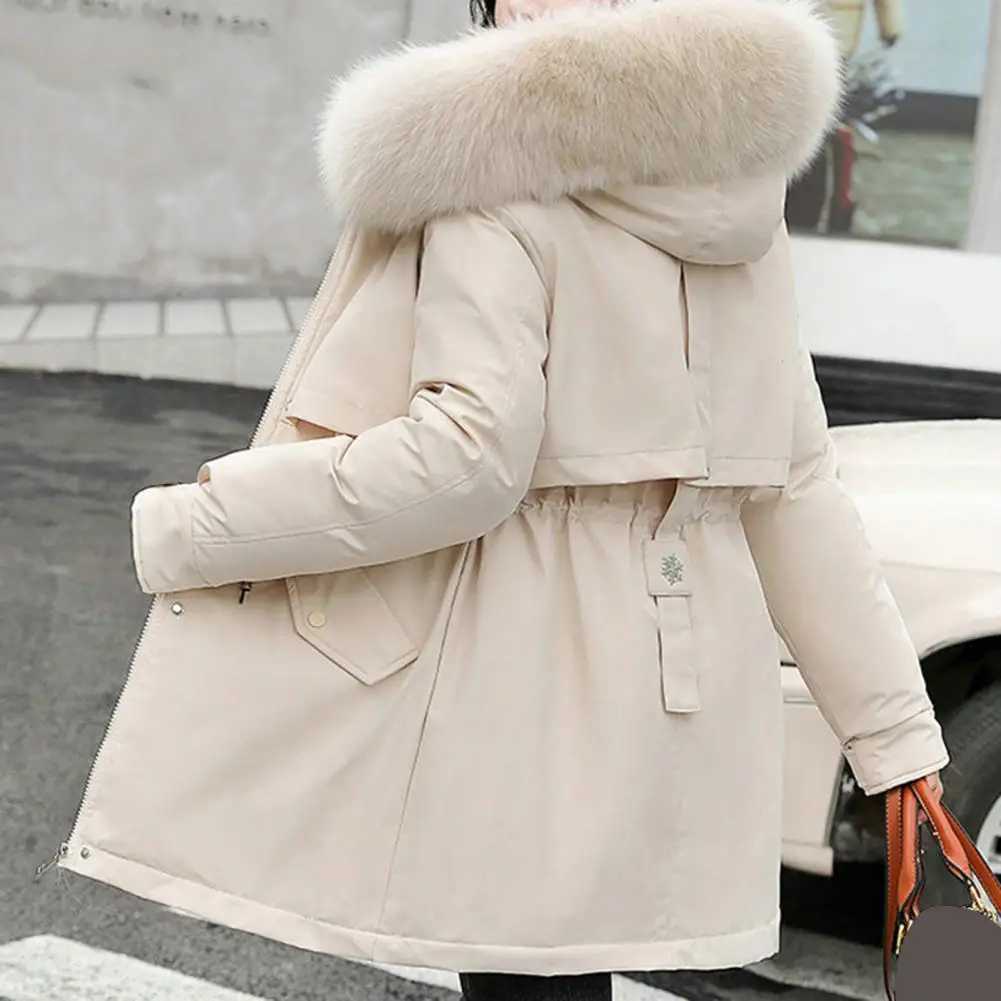 Fur Collar Hooded Parkas Slim Womens Cotton Jackets Korean Zipper New Winter Coats Warm Mid Length Quilted OuterwearC241115
