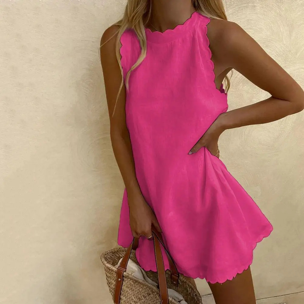 Office Lady Dress Solid Color Wavy Edge Summer Sweet Slimfitting Mini for Daily Wear 240415