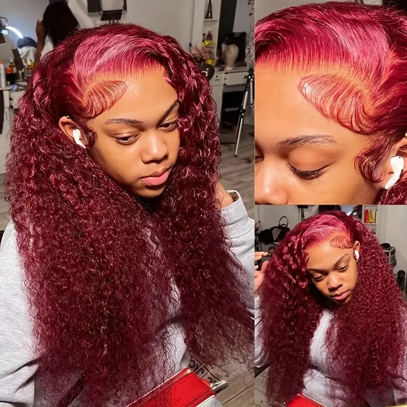 European and American fashion wine red small curly wig hot selling front lace small curling tube long curly hair full head wig