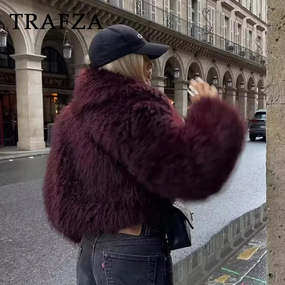 TRAFZA 2024 Autumn Winter Women Casual Faux Fur Jackets Fashion Streetwear Solid Turn Down Collar Warm Oversized Thick Coats 241115