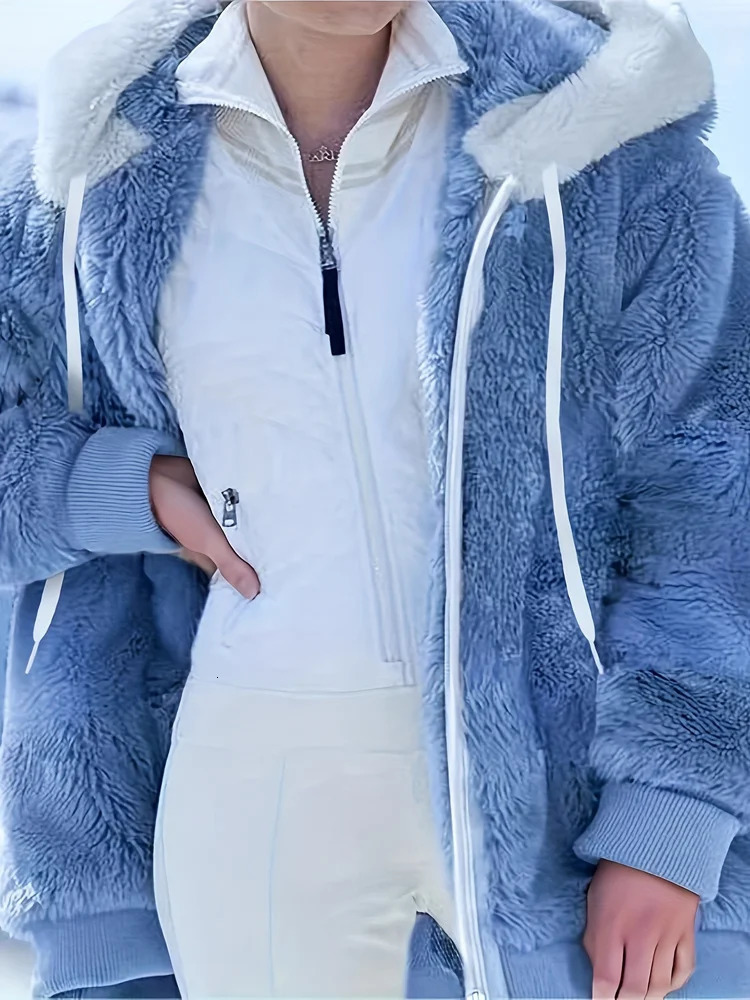 Womens Jacket Plush Zipper Pocket Hooded Long Sleeve Solid Fur Casual Loose Warm Winter Ladies Coats 2024 Fashion Thick Clothes 241115