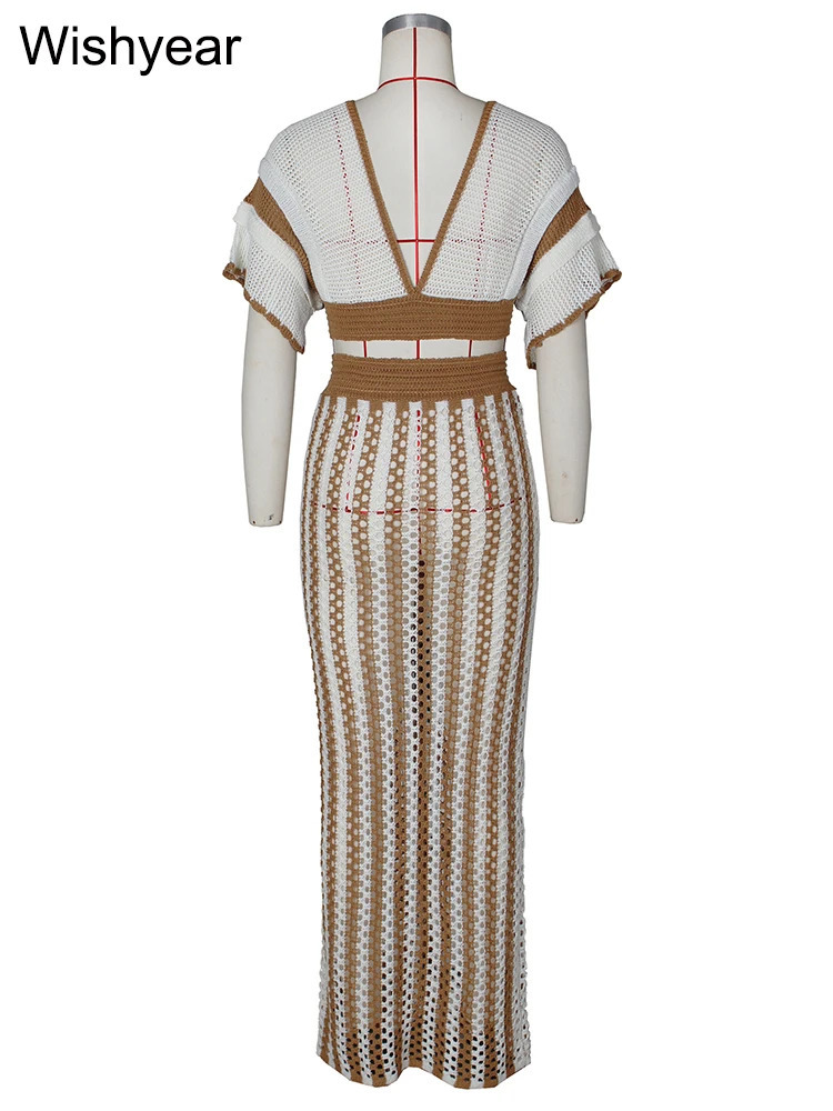 Elegant Knitted Crochet Beach Black Stripe Two 2 Pieces Women Crop Tops and Long Skirts Matching Set Holiday Birthday Outfits 241114