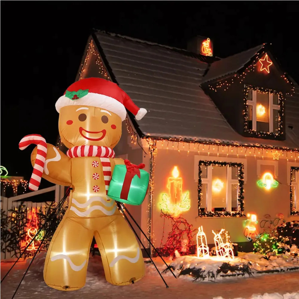 8FT/2.4M Christmas Inflatable Gingerbread Man with Gift Pack Outdoor Decoration Christmas Courtyard Decoration LED Lawn Light 241114bj