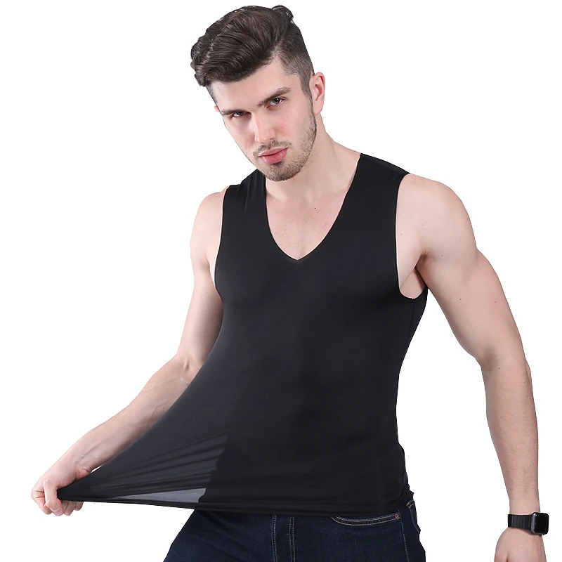 Summer Men Vest No trace of ice silk vest man slim Tight wide shoulder Vneck sleeveless undershirt men top tanks Cool breathabl 240415