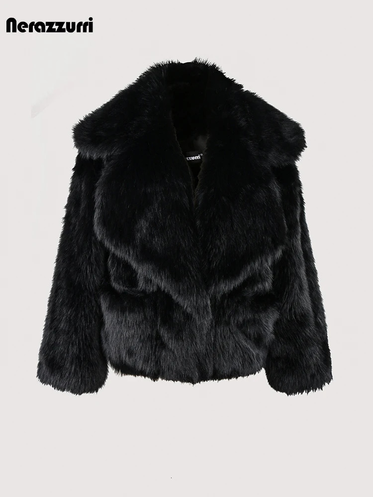 Nerazzurri Winter Short Loose Casual Hairy Soft Thick Warm Pink Faux Fur Coat Women with Big Collar and Pockets Fluffy Jacket 241115