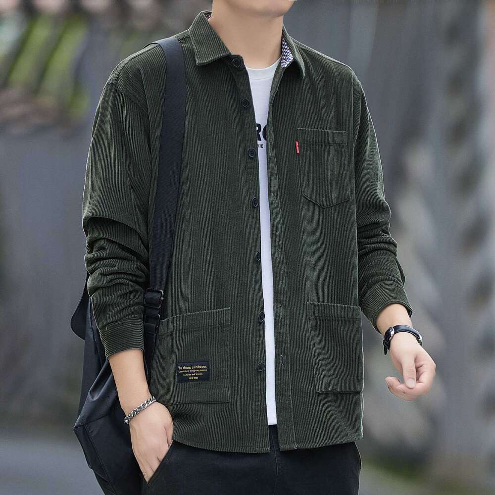 Autumn Pure Cotton Corduroy Long Sleeved Shirt For Men, Casual Workwear Shirt, Loose And Trendy