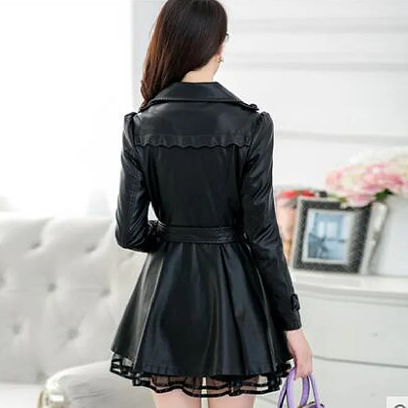 Fashion Plus Size 5XL Long Leather Jacket Women Coat Female autumn Ladies lace Jackets Coats black 241115