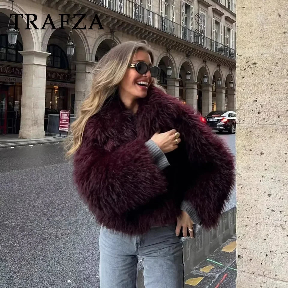 TRAFZA 2024 Autumn Winter Women Casual Faux Fur Jackets Fashion Streetwear Solid Turn Down Collar Warm Oversized Thick Coats 241115