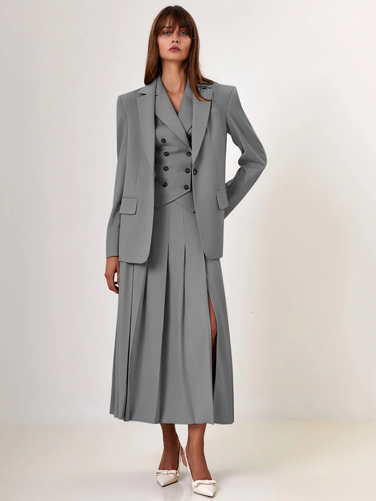 Mozision Autumn Two Piece Sets Women Double-breasted Vest And Split Skirt Matching Sets Fashion Long Pleated Skirt Two Piece Set 241114