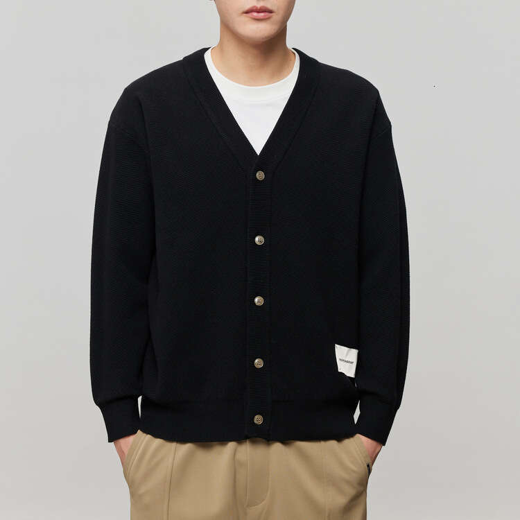 Woog2005 Black V-Neck Men's Cardigan Sweater 2024 Spring And Autumn New Style Micro Loose Outer Knitted Coat