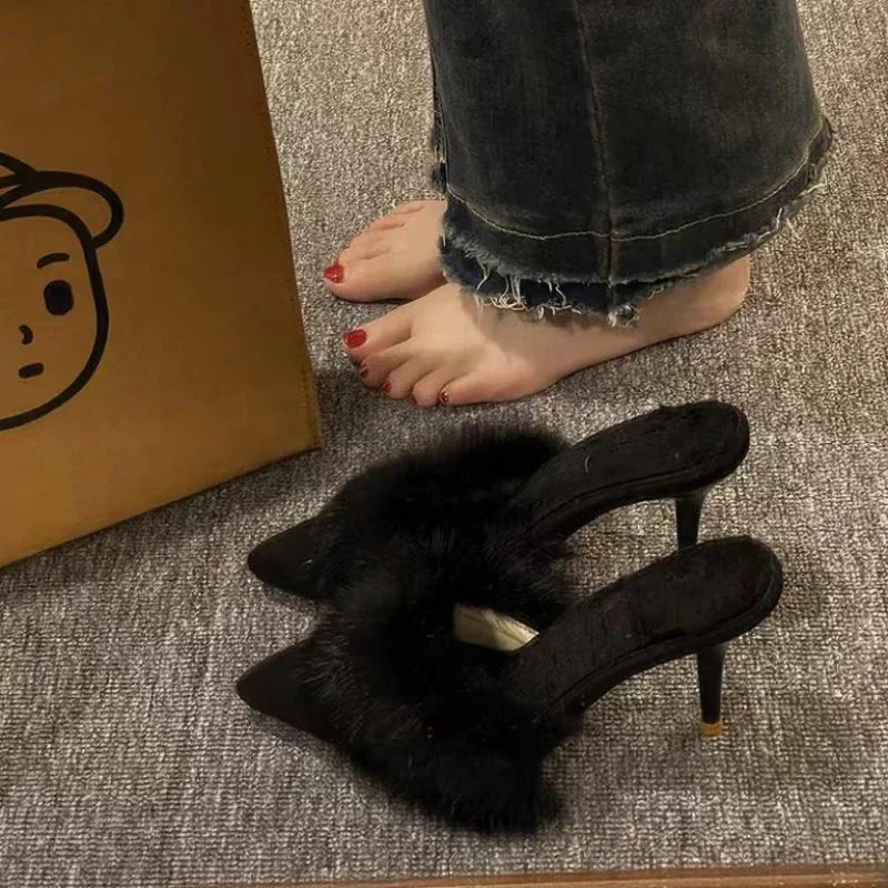 Women Warm Plush Pointed Toe High Heels Winter Mules Slipper Korean Fashion Thin Heels Flip Flops Pumps Zapatos Mujer 241114