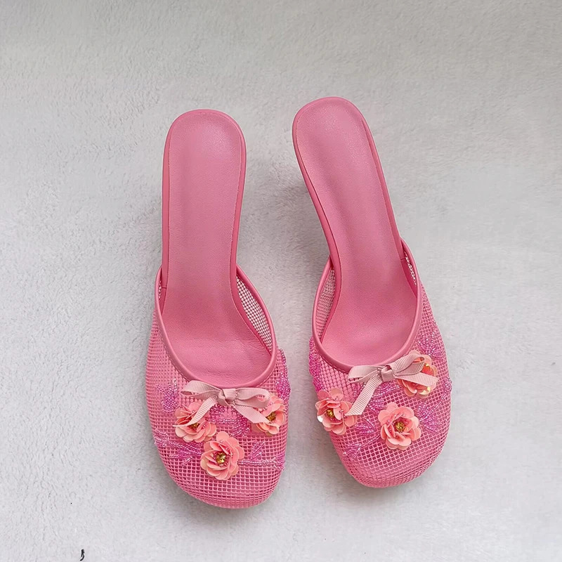 Summer mesh flower beads women slides sexy thin heel sandals 241115