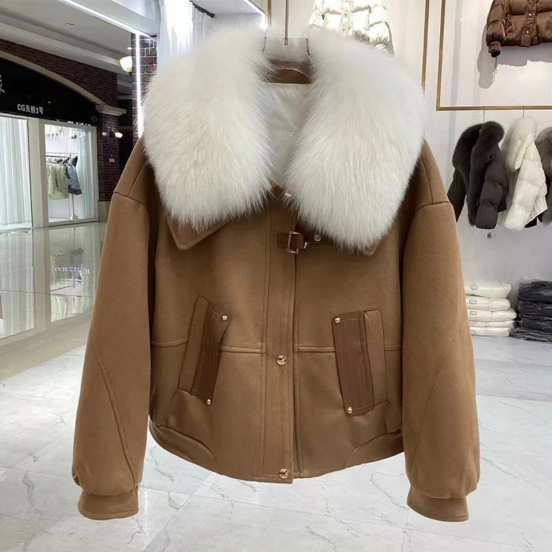 2024 Winter Puffer Jacket Women leisure time Warm Short Parkas Real Natural Fur collar Suede fabric90 White Duck Down Coat 241115