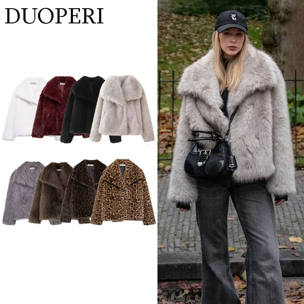 DUOPERI Women Fashion Winter Solid Thick Warm Faux Fur Coat Lapel Collar Long Sleeves Female Chic Lady Casual Outfits 241115