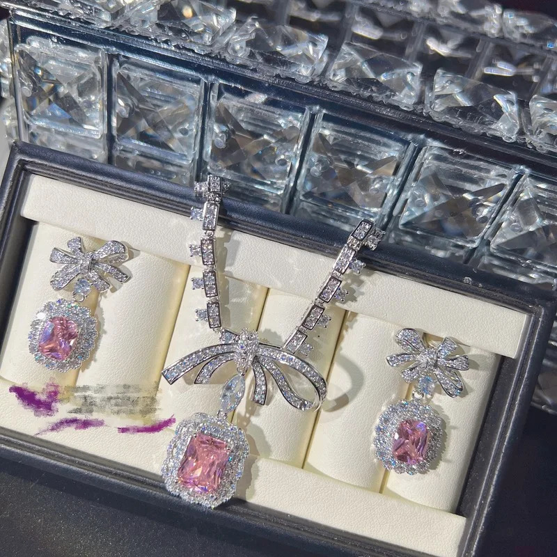 Bow Lab Pink Diamond Jewelry Set 14K White Gold Engagement Wedding Earrings Necklace Female Bride Promise Gift 241115