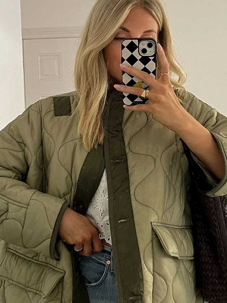 Casual Cotton Jacket Women Urban O-neck Long Sleeve Single Breasted Pocket Female Coats 2024 Autumn Winter Lady StreetwearC241115