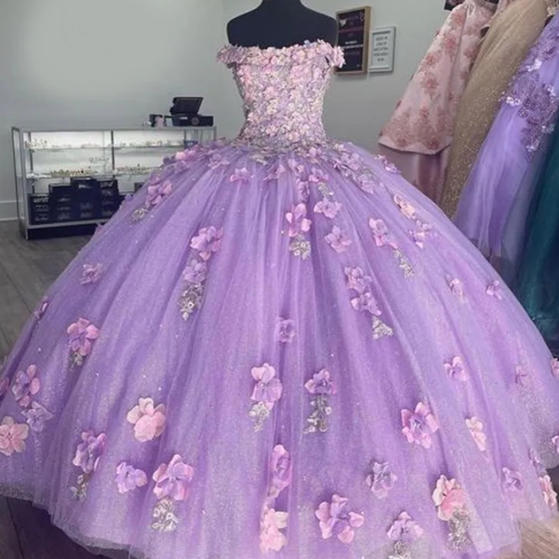 Fanshao Quinceanera Dress Lilac Lace Appliques Rhinestone Off The Shoulder For 15 Girls Ball Formal Gowns Exqusite Vestido