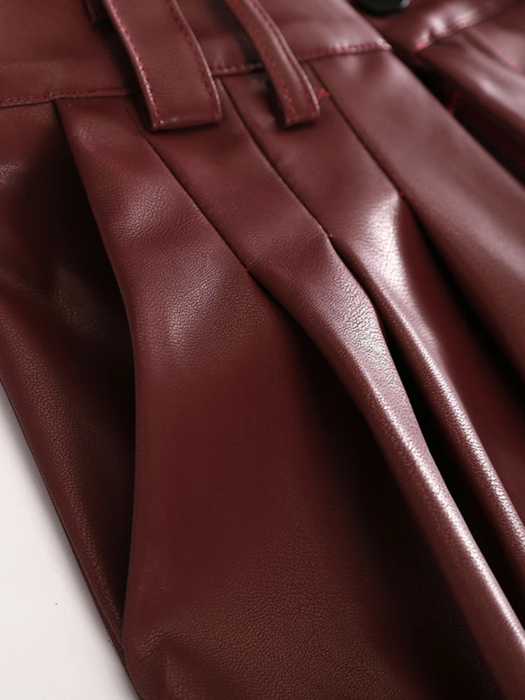 IEQJ High Street Pu Leather Straight Pants Womens Waist Medium Length Fashion Autumn Clothing 3WM2094 241115