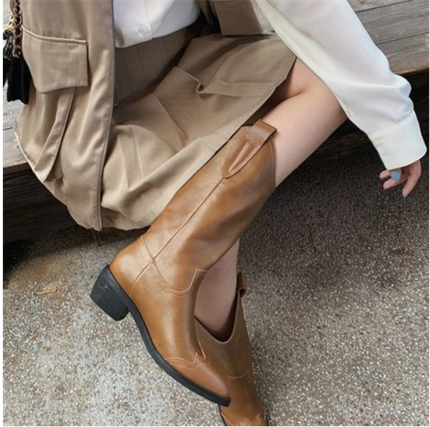 Brown Medium Length V-neck Retro Knight Boots Size35-43.