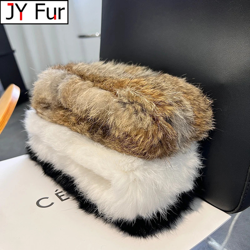 Womens Hand-Knitted Real Rabbit Fur Headband Knitted Fur Scarf Warm Empty Top Plush Hat Autumn and Winter Jewelry Accessories 241115
