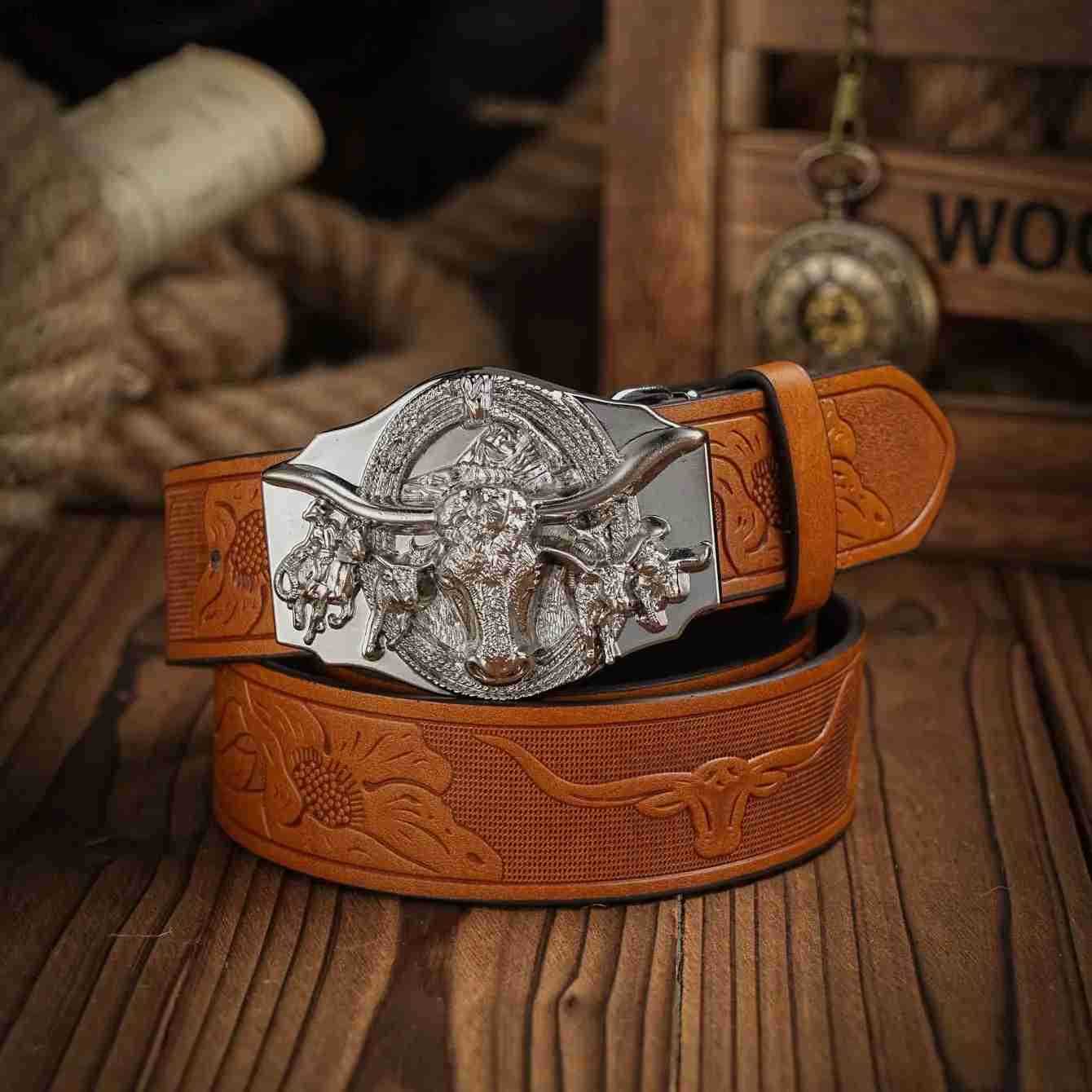Belts Western Cowboy PU Leather Belt - Men Waist Strap Bull Decoration Floral Engraved for Jeans L240910