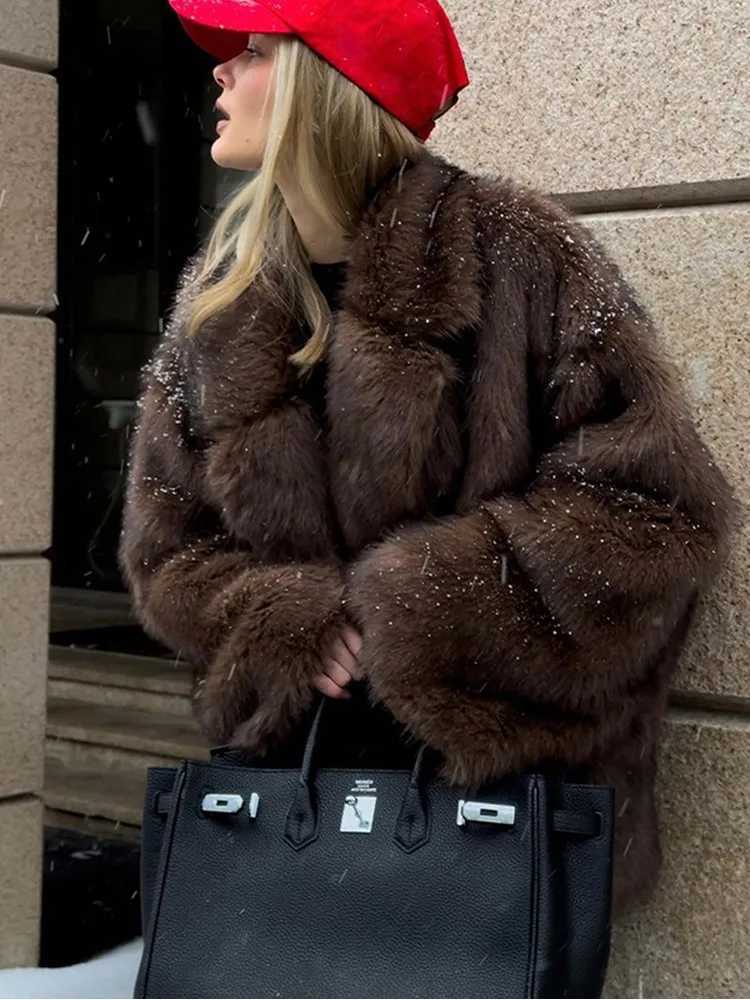 Women's Fur Faux Fur Womens Fashion Fluffy Faux Fur Coat Elegant Thick Warm Collar Long Slip Short Jacket New Retro High Stripe Coat Y2411156AJO