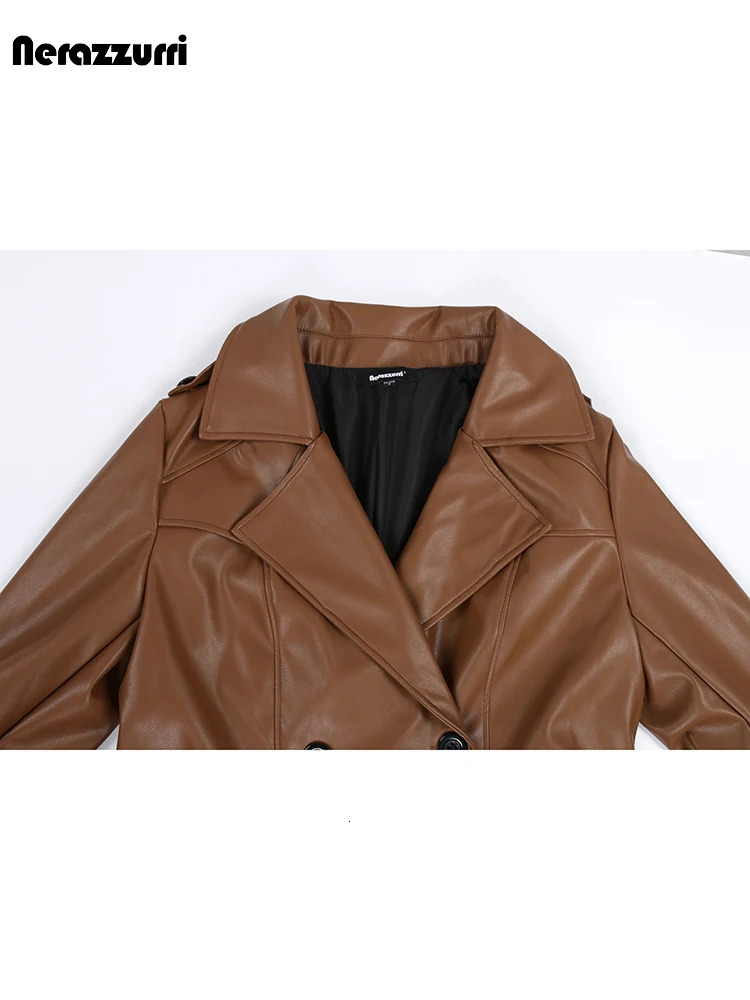 Nerazzurri Autumn Long Waterproof Brown Black Pu Leather Trench Coat for Women Sashes Double Breasted Elegant Clothes 241115