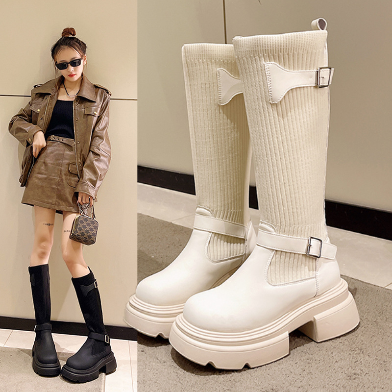 Autumn/Winter Knitted Elastic Thick Soled Boots.