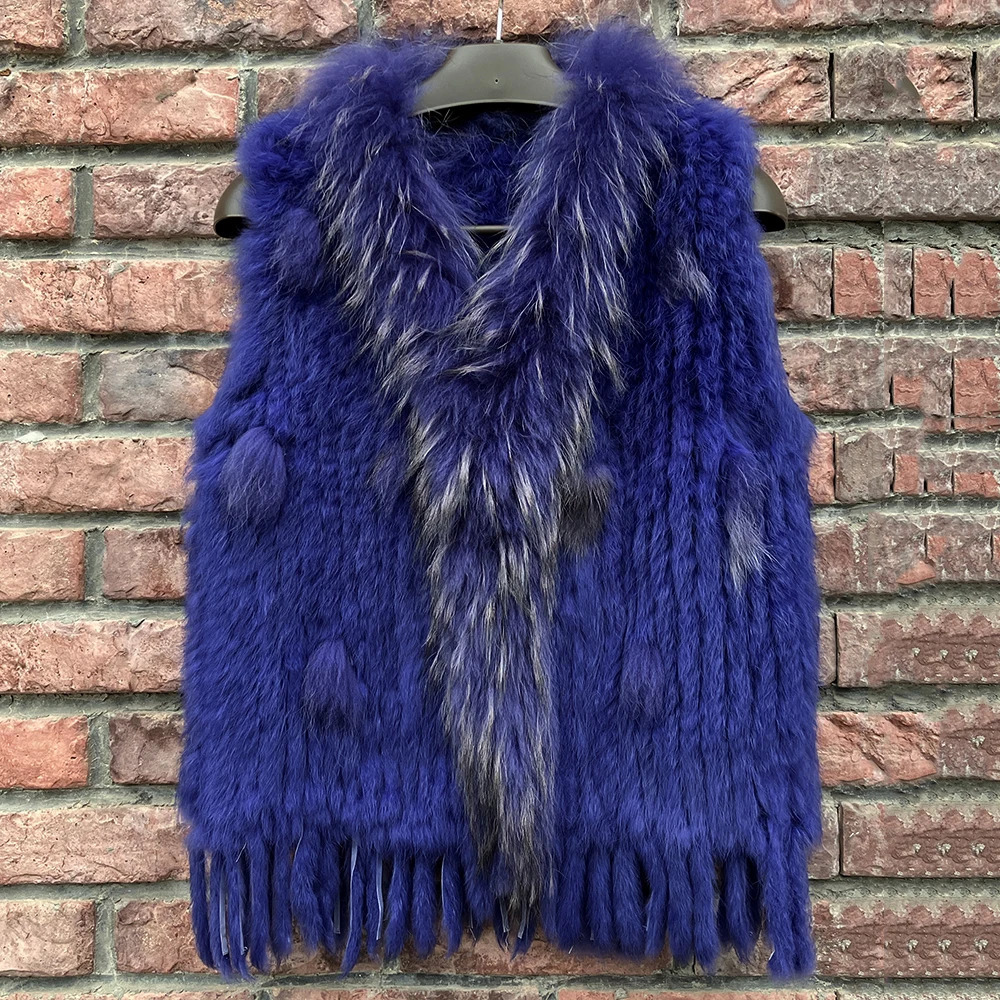 Women Real Fur Vest Tassel Knitted 100Genuine Rabbit Waistcoat Lady Casual Raccoon Collar Sleeveless Coat Factory Sales 241115